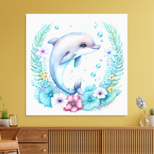 Schöne Wildblume Wasserfarbe Dolphin Leinwanddruck (Insitu (Wohnzimmer))