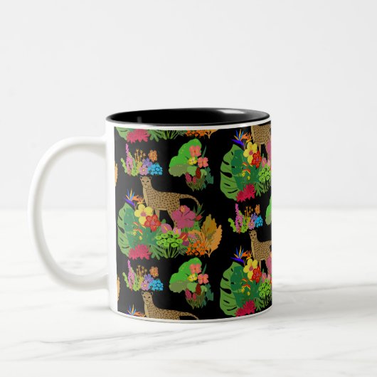 Schöne Wildblumen, Cheetah, tropischer Dschungel Zweifarbige Tasse (Links)