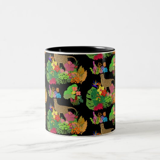 Schöne Wildblumen, Cheetah, tropischer Dschungel Zweifarbige Tasse (Mittel)