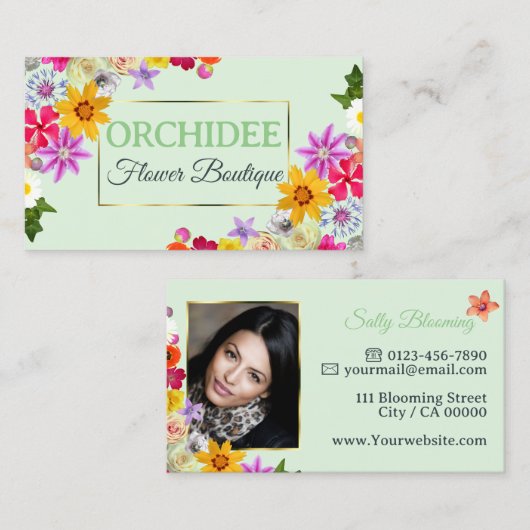 Schöne Wildblumen Green Fine Gold Frame Foto Visitenkarte (Vorne/Hinten)