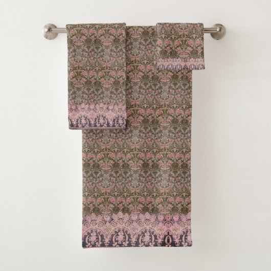 Schöne William Morris Blumenmuster mit rosa Spitze Badhandtuch Set (Insitu)