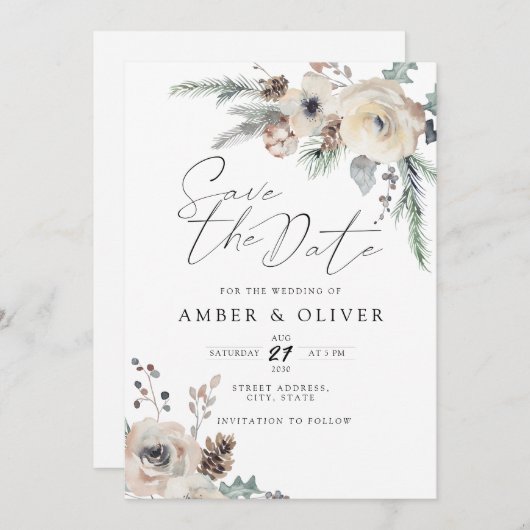 Schöne Winter Floral Save the Date Einladung (Vorne/Hinten)