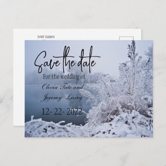 Schöne Wintersee-Szene Save the Date Postkarte (Vorne/Hinten)