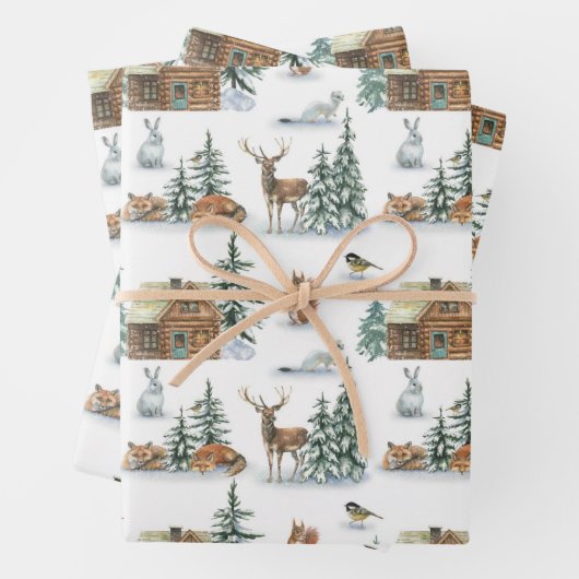 Schöne Wintertiere in einer rustikalen Hütte Geschenkpapier Set (Beispiel)