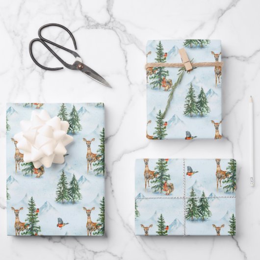 Schöne Wintertiere junge Hirschtornvögel Geschenkpapier Set (Vorderseite)