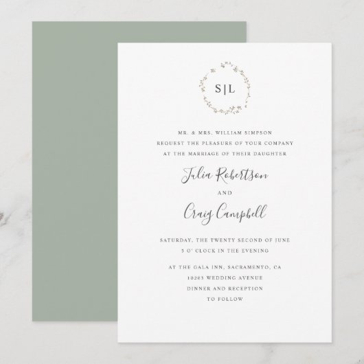 Schöne winzige Blätter formale Mono-Hochzeit Einladung (Vorne/Hinten)