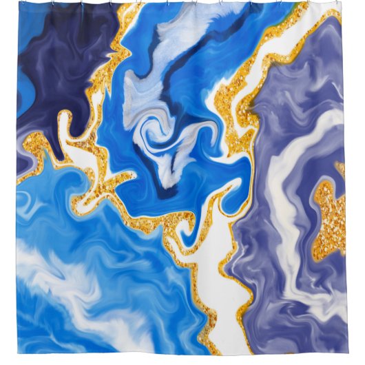 Schöne Wirbel wie Wasser, Blau, Gold und Weiß Duschvorhang (Vorderseite)