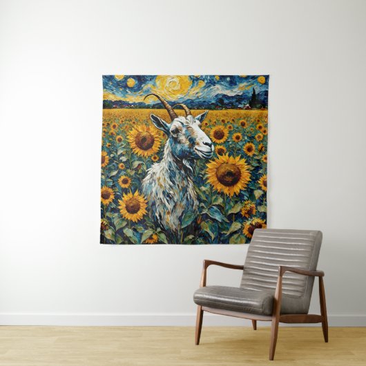 Schöne Ziege auf einem Sonnenblumenfeld Wandteppich (Beispiel)