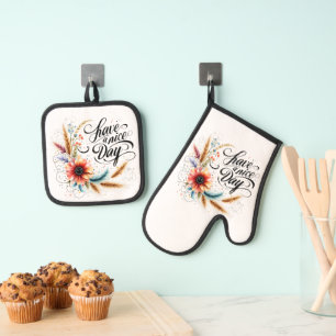 Schönen Tag floral Ofenhandschuh & Topflappen-Set