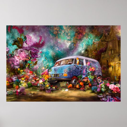 Schöner alter aquamariner Combi-Van mit bunter Blu Poster (Vorne)