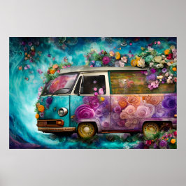 Schöner alter aquamariner Combi-Van mit bunter Blu Poster