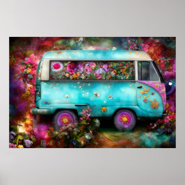 Schöner alter aquamariner Combi-Van mit bunter Blu Poster