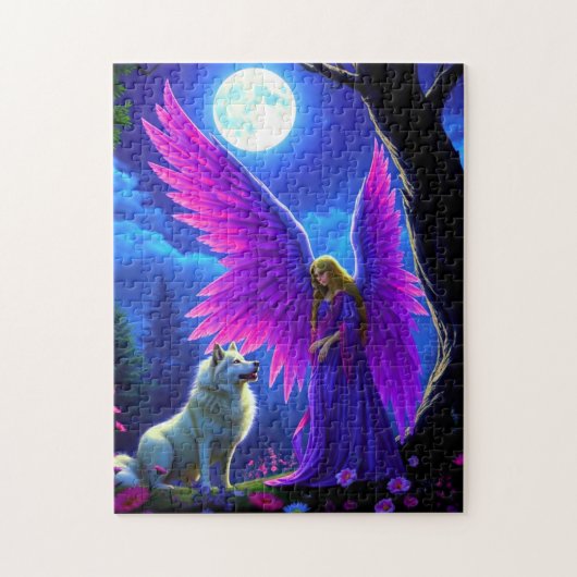 Schöner Angel mit großen lila Flügeln trifft Wolf Puzzle (Vertikal)
