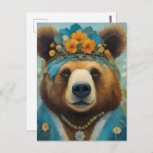 Schöner Bär in einer Krone mit Blume Hippie Postkarte (Vorne/Hinten)