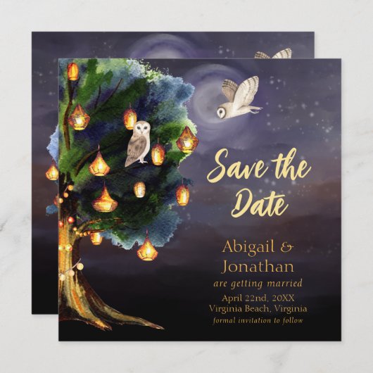 Schöner Baum mit Lanterns, Mond, Eule Hochzeit Save The Date (Vorne/Hinten)
