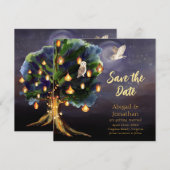 Schöner Baum mit Laternen, Mond, Eulen-Hochzeit Save The Date (Vorne/Hinten)
