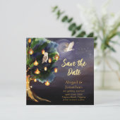 Schöner Baum mit Laternen, Mond, Eulen-Hochzeit Save The Date (Stehend Vorderseite)
