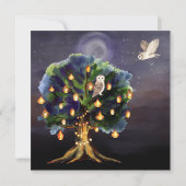 Schöner Baum mit Laternen, Mond, Eulen-Hochzeit Save The Date (Rückseite)