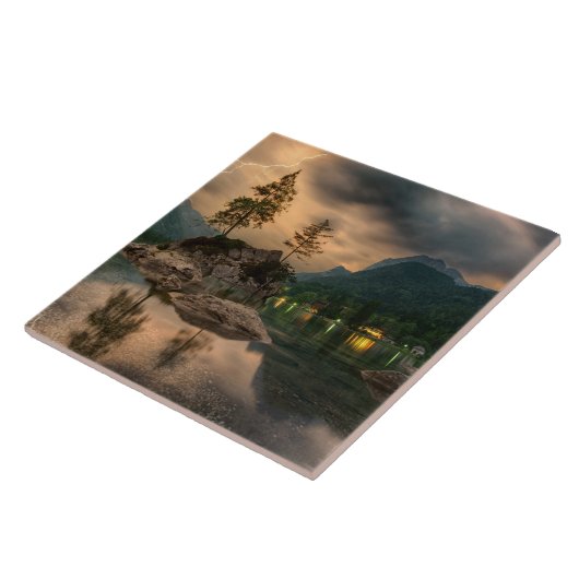 Schöner Bergsee im Abend Foto Fliese (Seite)