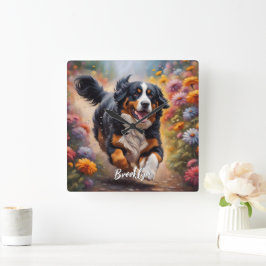 Schöner Berner Hund & Blume Quadratische Wanduhr