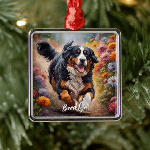 Schöner Berner Sennenhund & Blumen Ornament Aus Metall
