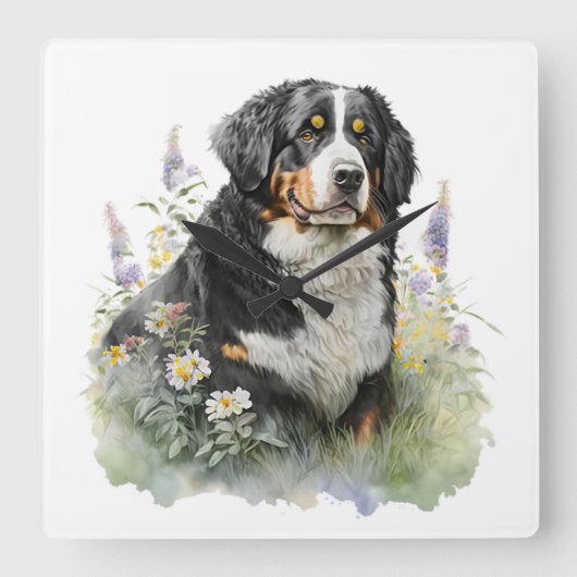 SCHÖNER BERNESHUND MIT BLUME QUADRATISCHE WANDUHR (Vorderseite)