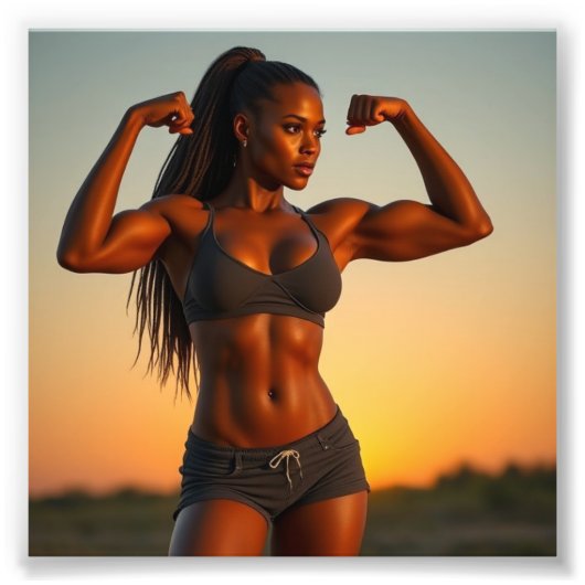 Schöner Black Babe Bodybuilder, der bei Sunset gef Fotodruck (Vorne)