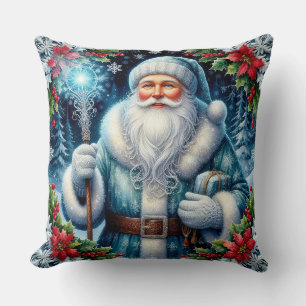 Schöner blau gekleideter Weihnachtsmann mit Winter Kissen