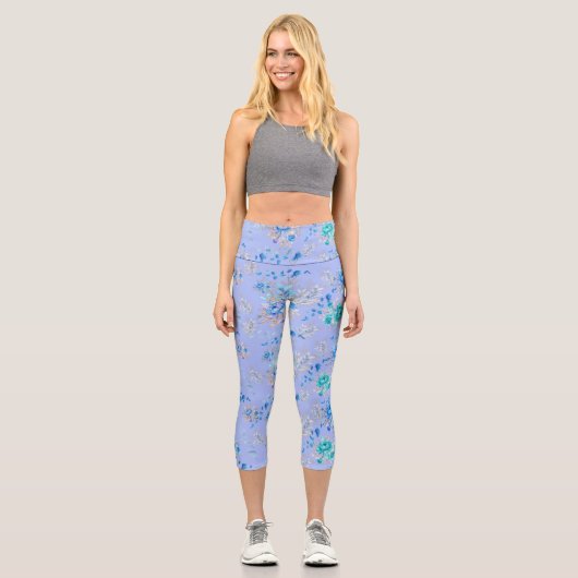Schöner blauer Blumengarten Capri Leggings (Vorderseite)