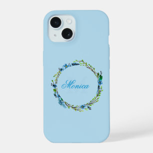 Schöner blauer Blumenkranz mit Monogramm iPhone 15 Hülle