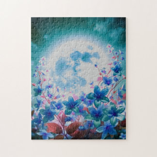 Schöner Blauer Mond mit Blume Puzzle