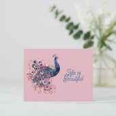 Schöner blauer rosa Marineblauer Pfau Postkarte (Stehend Vorderseite)