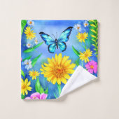Schöner Blauer Schmetterling in einer Blume Wiese Badhandtuch Set (Waschlappen)