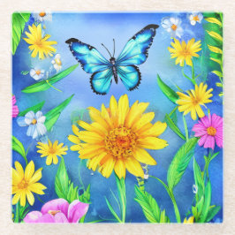 Schöner Blauer Schmetterling in einer Blume Wiese Glasuntersetzer