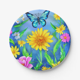 Schöner Blauer Schmetterling in einer Blume Wiese Pappteller