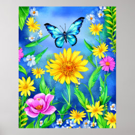 Schöner Blauer Schmetterling in einer Blume Wiese Poster