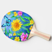 Schöner Blauer Schmetterling in einer Blume Wiese Tischtennis Schläger (Seitenansicht)