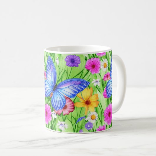 Schöner Blauer Schmetterling mit Blume Wasserfarbe Kaffeetasse (VorderseiteRechts)