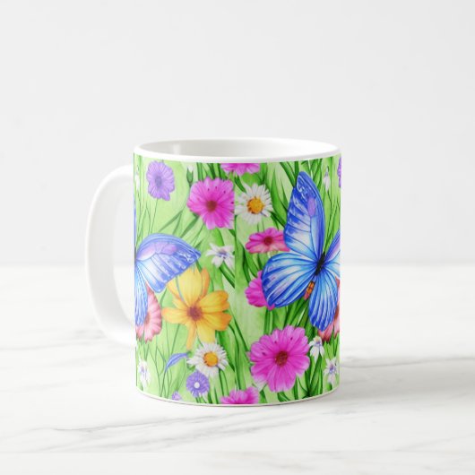 Schöner Blauer Schmetterling mit Blume Wasserfarbe Kaffeetasse (Vorderseite Links)