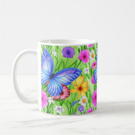 Schöner Blauer Schmetterling mit Blume Wasserfarbe Kaffeetasse