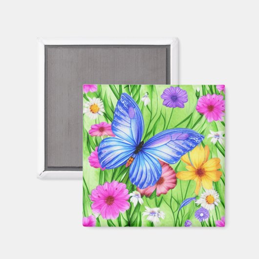 Schöner Blauer Schmetterling mit Blume Wasserfarbe Magnet (Vorderseite/Rückseite)