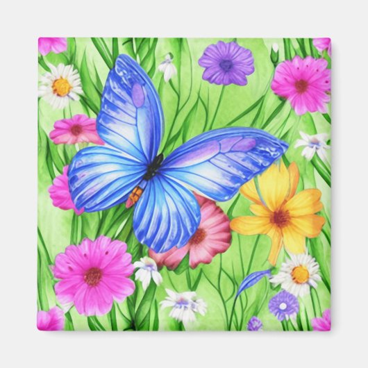 Schöner Blauer Schmetterling mit Blume Wasserfarbe Magnet (Vorne)