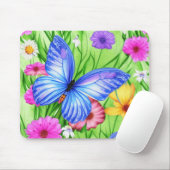 Schöner Blauer Schmetterling mit Blume Wasserfarbe Mousepad (Mit Mouse)