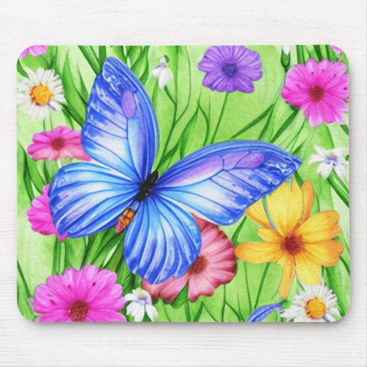 Schöner Blauer Schmetterling mit Blume Wasserfarbe Mousepad (Vorne)