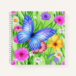 Schöner Blauer Schmetterling mit Blume Wasserfarbe Notizblock