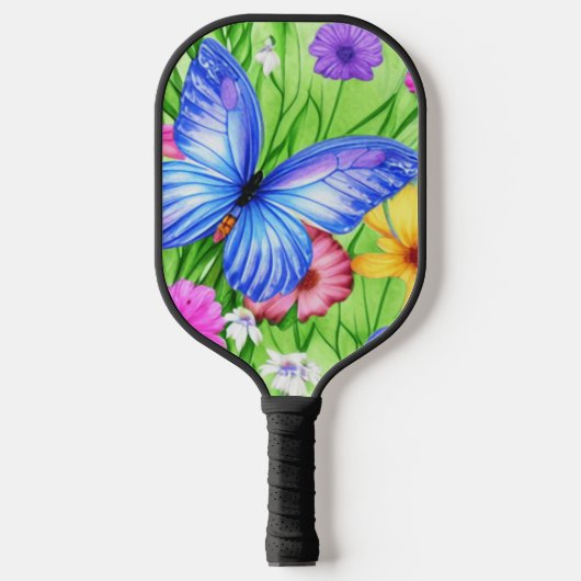 Schöner Blauer Schmetterling mit Blume Wasserfarbe Pickleball Schläger (Vorderseite)