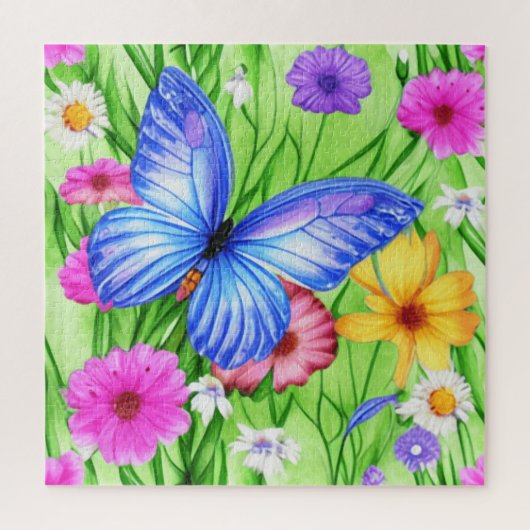 Schöner Blauer Schmetterling mit Blume Wasserfarbe Puzzle (Vertikal)