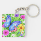 Schöner Blauer Schmetterling mit Blume Wasserfarbe Schlüsselanhänger (Rückseite)