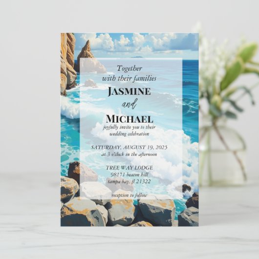 Schöner blauer Strand Einladung (Stehend Vorderseite)