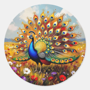 Schöner blauer und goldener Pfau Runder Aufkleber